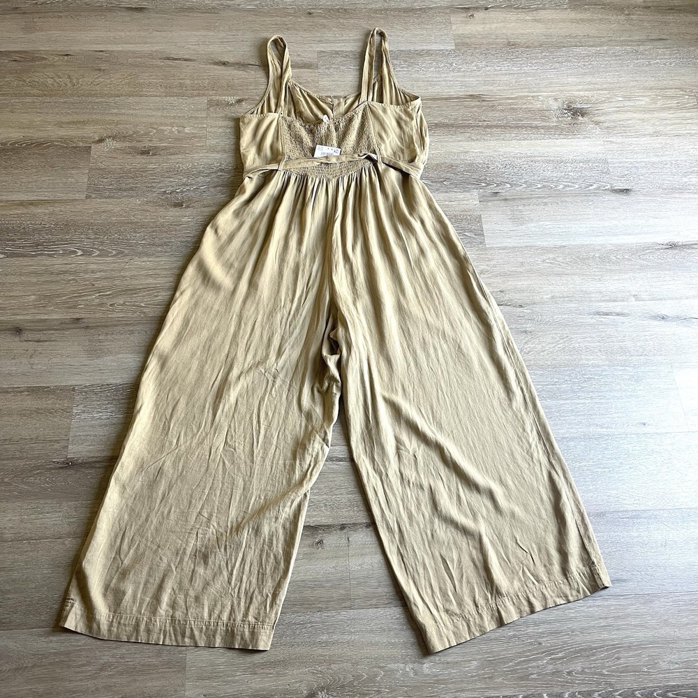 American Eagle Linen Blend Jumpsuit XL Tan Tie Waist Pockets Cropped Buttons NWT - Picture 11 of 11